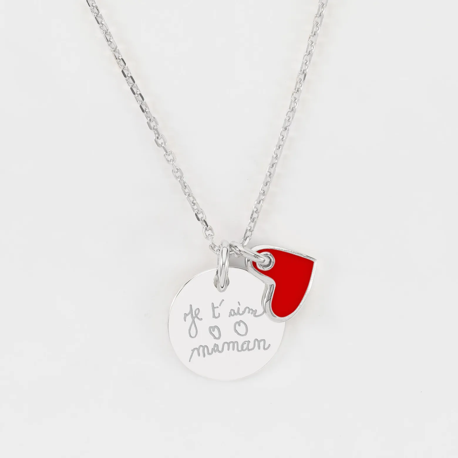 Pendentif personnalisé médaille gravée argent 15 mm et breloque coeur email 10 mm