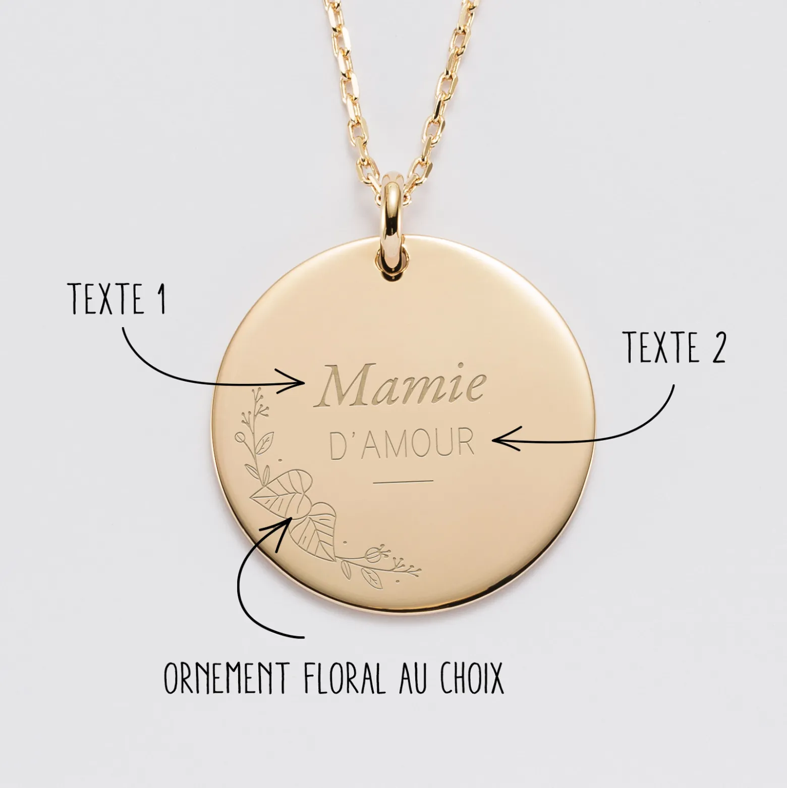 Pendentif personnalisé médaille gravée plaqué or 27 mm - Edition spéciale Ornement floral