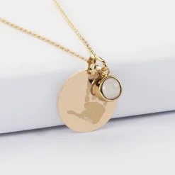 Pendentif personnalisé médaille gravée plaqué or 19 mm et breloque pierre naturelle 8 mm