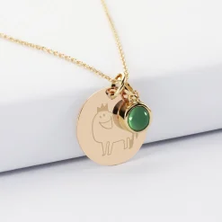 Pendentif personnalisé médaille gravée plaqué or 19 mm et breloque pierre naturelle 8 mm