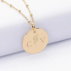 Pendentif personnalisé médaille gravée plaqué or 19 mm - Edition spéciale mariage Initiales Florales