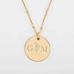 Pendentif personnalisé médaille gravée plaqué or 19 mm - Edition spéciale mariage Initiales Florales