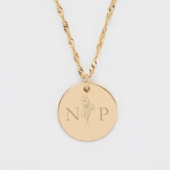 Pendentif personnalisé médaille gravée plaqué or 19 mm - Edition spéciale mariage Initiales Florales