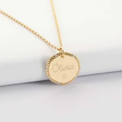 Pendentif personnalisé médaille contour scintillant gravée plaqué or 16 mm