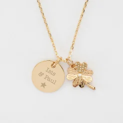 Pendentif personnalisé médaille gravée plaqué or 15 mm et breloque trèfle scintillant 15 mm