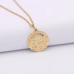 Pendentif personnalisé médaille Lune zircons crépuscule gravée plaqué or 16 mm