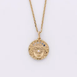 Pendentif personnalisé médaille Lune zircons crépuscule gravée plaqué or 16 mm