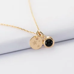 Pendentif personnalisé médaille gravée plaqué or 10 mm et breloque pierre naturelle 8 mm