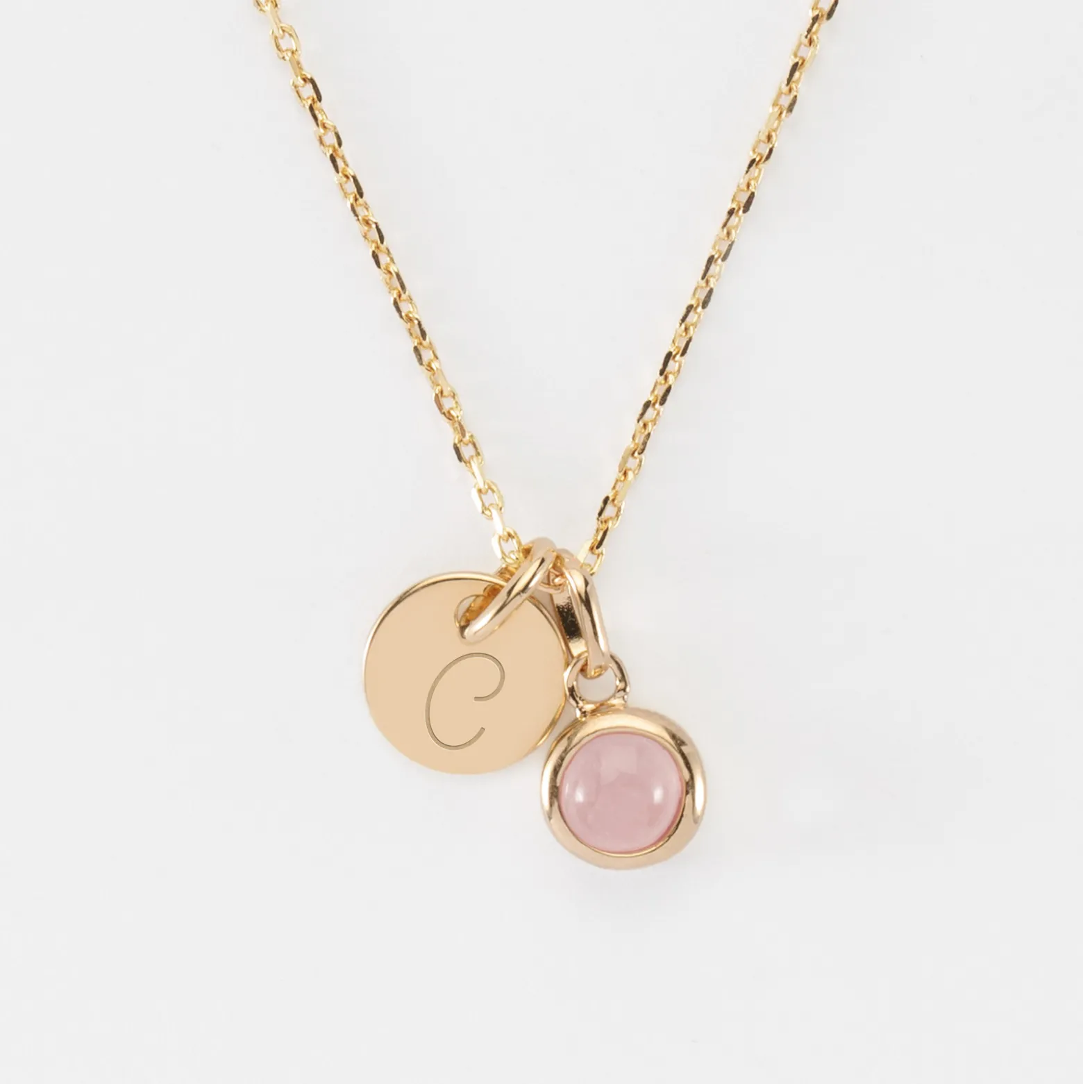 Pendentif personnalisé médaille gravée plaqué or 10 mm et breloque pierre naturelle 8 mm