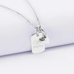 Pendentif personnalisé médaille gravée argent rectangle 17x11 mm et breloque petit coeur bombé 7 mm - HappyBulle x Atelier Wagram