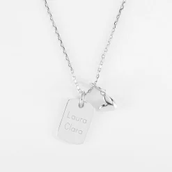 Pendentif personnalisé médaille gravée argent rectangle 17x11 mm et breloque petit coeur bombé 7 mm - HappyBulle x Atelier Wagram