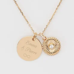 Pendentif personnalisé médaille gravée plaqué or 19 mm et breloque tournesol scintillant 14 mm