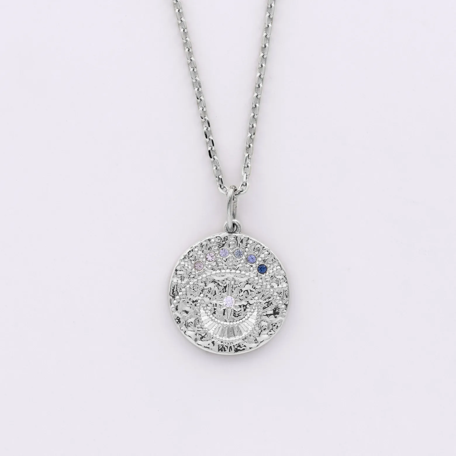 Pendentif personnalisé médaille Lune zircons crépuscule gravée argent 16 mm