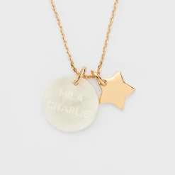 Pendentif personnalisé médaille gravée nacre 19 mm et breloque plaqué or étoile 12 mm