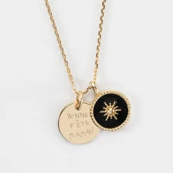 Pendentif personnalisé médaille gravée plaqué or 15 mm et breloque email noir soleil 14 mm