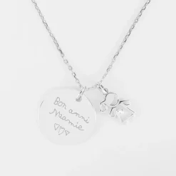 Pendentif personnalisé médaille gravée argent 19 mm et breloque petite fille zircon 12 mm