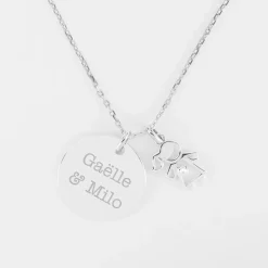 Pendentif personnalisé médaille gravée argent 19 mm et breloque petite fille zircon 12 mm