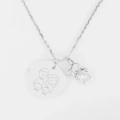 Pendentif personnalisé médaille gravée argent 19 mm et breloque petite fille zircon 12 mm