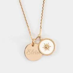 Pendentif personnalisé médaille gravée plaqué or 15 mm et breloque email blanc soleil 14 mm