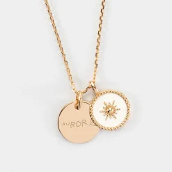 Pendentif personnalisé médaille gravée plaqué or 15 mm et breloque email blanc soleil 14 mm