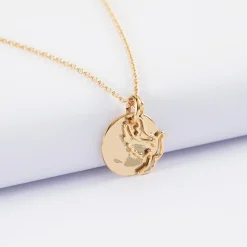 Pendentif personnalisé médaille gravée plaqué or 15 mm et breloque colombe 18 mm