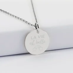 Pendentif personnalisé médaille martelée gravée argent 19 mm