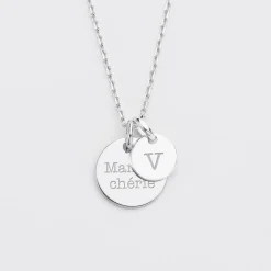 Pendentif personnalisé médaille gravée argent 15 mm et breloque ronde 10 mm