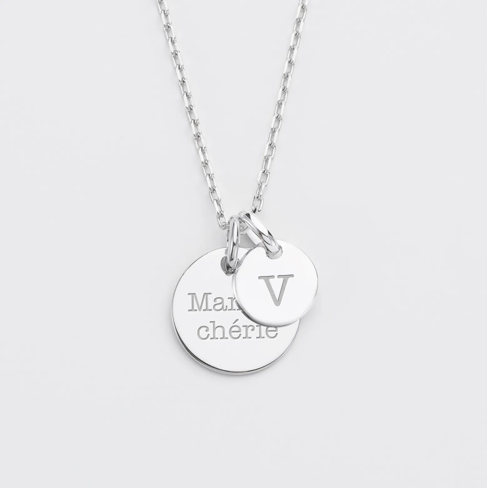 Pendentif personnalisé médaille gravée argent 15 mm et breloque ronde 10 mm