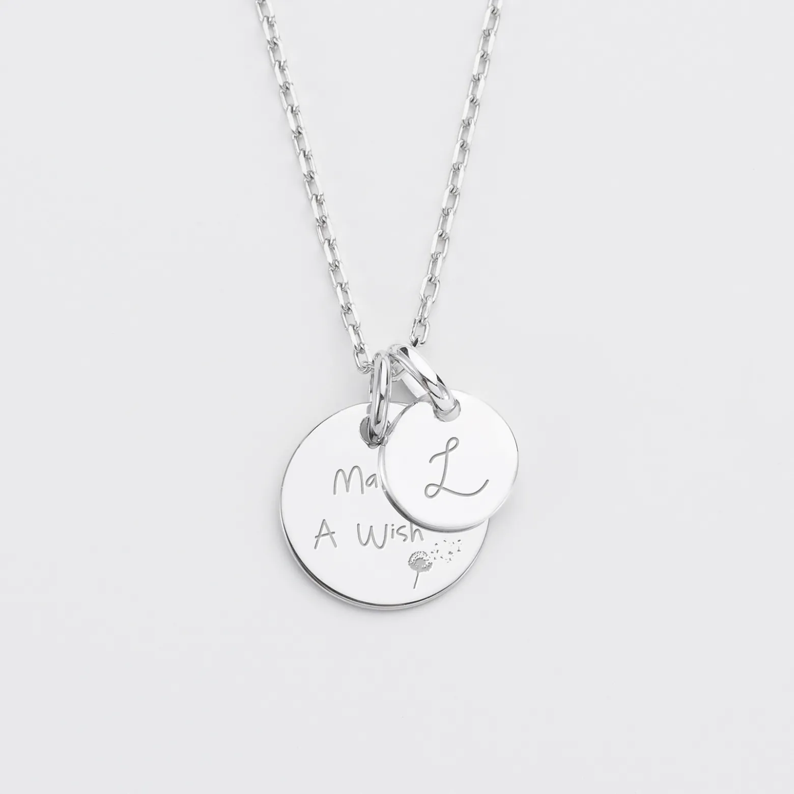Pendentif personnalisé médaille gravée argent 15 mm et breloque ronde 10 mm