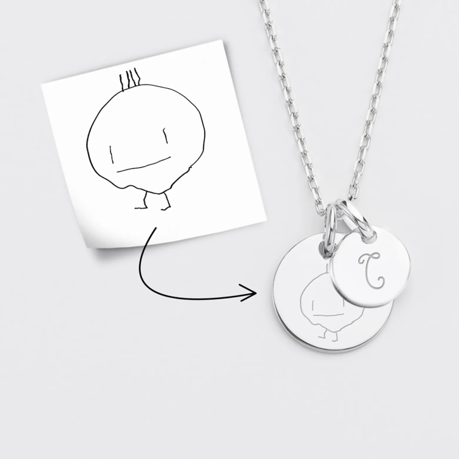 Pendentif personnalisé médaille gravée argent 15 mm et breloque ronde 10 mm