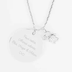 Pendentif personnalisé médaille gravée argent 27 mm et breloque petite fille zircon 12 mm