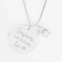 Pendentif personnalisé médaille gravée argent 27 mm et breloque petite fille zircon 12 mm