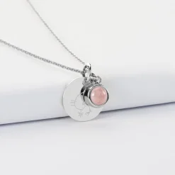Pendentif personnalisé médaille gravée argent 15 mm et breloque pierre naturelle 8 mm