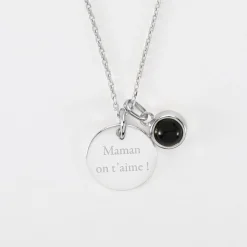 Pendentif personnalisé médaille gravée argent 15 mm et breloque pierre naturelle 8 mm