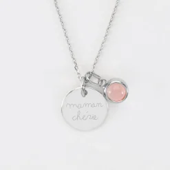 Pendentif personnalisé médaille gravée argent 15 mm et breloque pierre naturelle 8 mm