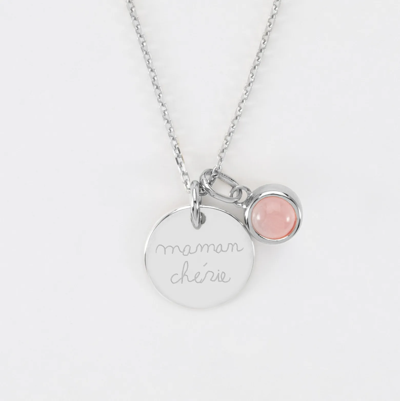 Pendentif personnalisé médaille gravée argent 15 mm et breloque pierre naturelle 8 mm