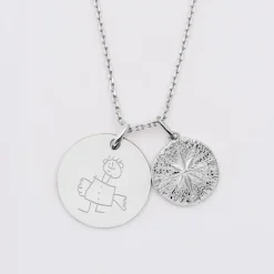 Pendentif personnalisé médaille gravée argent 19 mm et breloque rose des vents texturée 14 mm