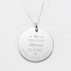 Pendentif personnalisé médaille gravée argent 27 mm "La meilleure Mamie"