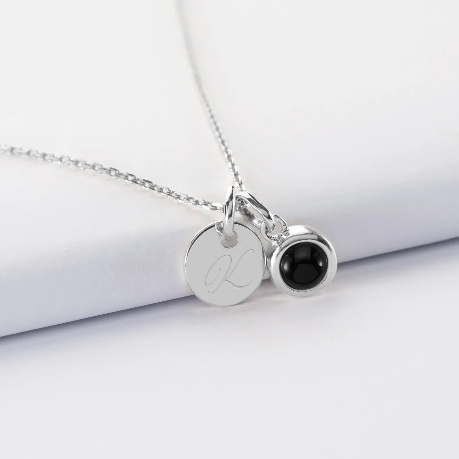 Pendentif personnalisé médaille gravée argent 10 mm et breloque pierre naturelle 8 mm