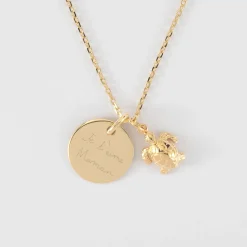 Pendentif personnalisé médaille gravée plaqué or 15 mm et breloque tortue 10 mm