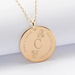 Pendentif personnalisé médaille gravée plaqué or 27 mm - édition spéciale "Initiale Florale" - Nos petits imparfaits