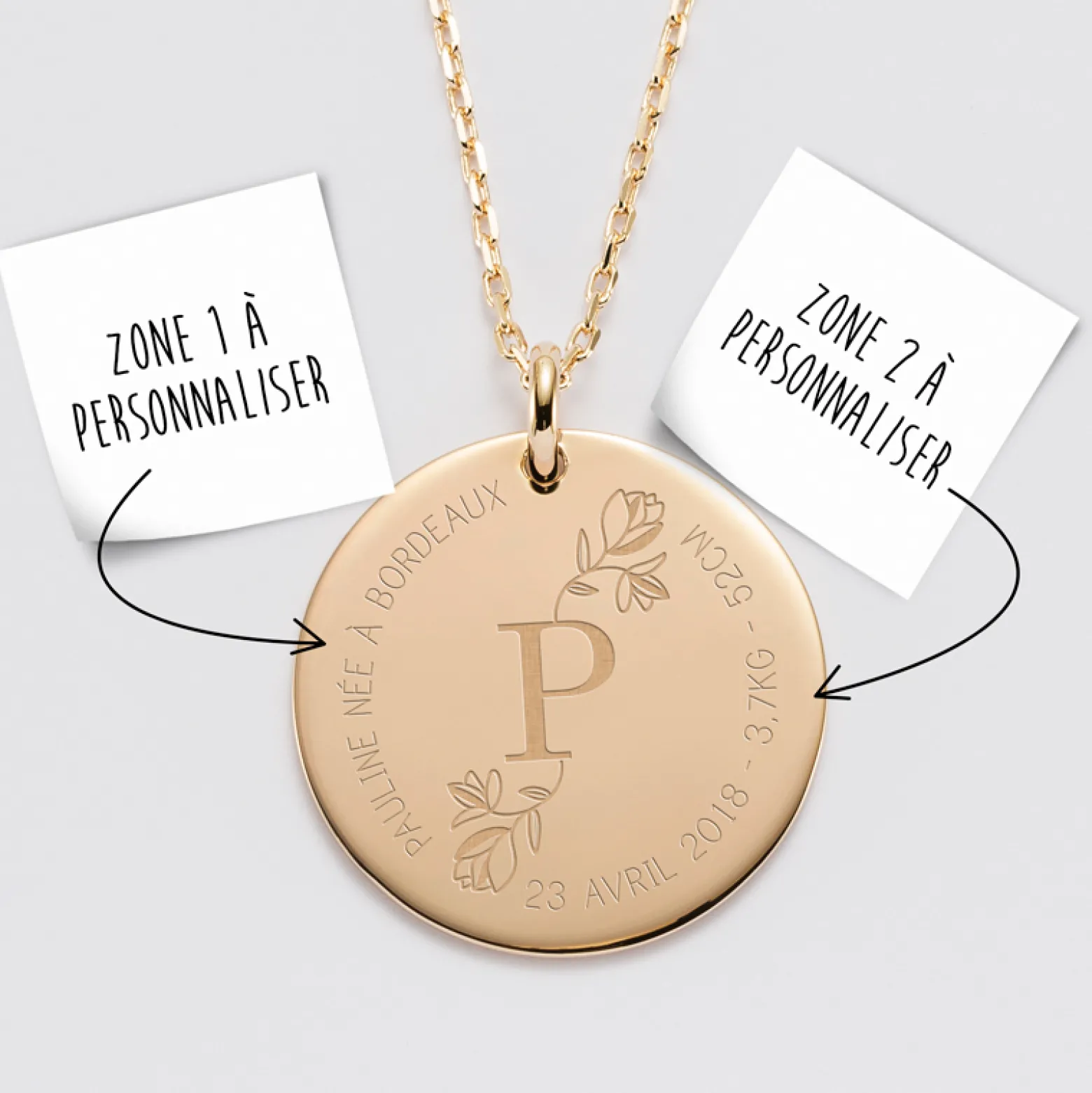 Pendentif personnalisé médaille gravée plaqué or 27 mm - édition spéciale "Initiale Florale" - Nos petits imparfaits