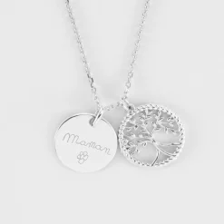 Pendentif personnalisé médaille gravée argent 15 mm et breloque arbre de vie contour torsadé 16 mm