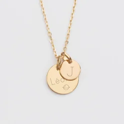 Pendentif personnalisé médaille gravée plaqué or 15 mm et breloque ronde 10 mm