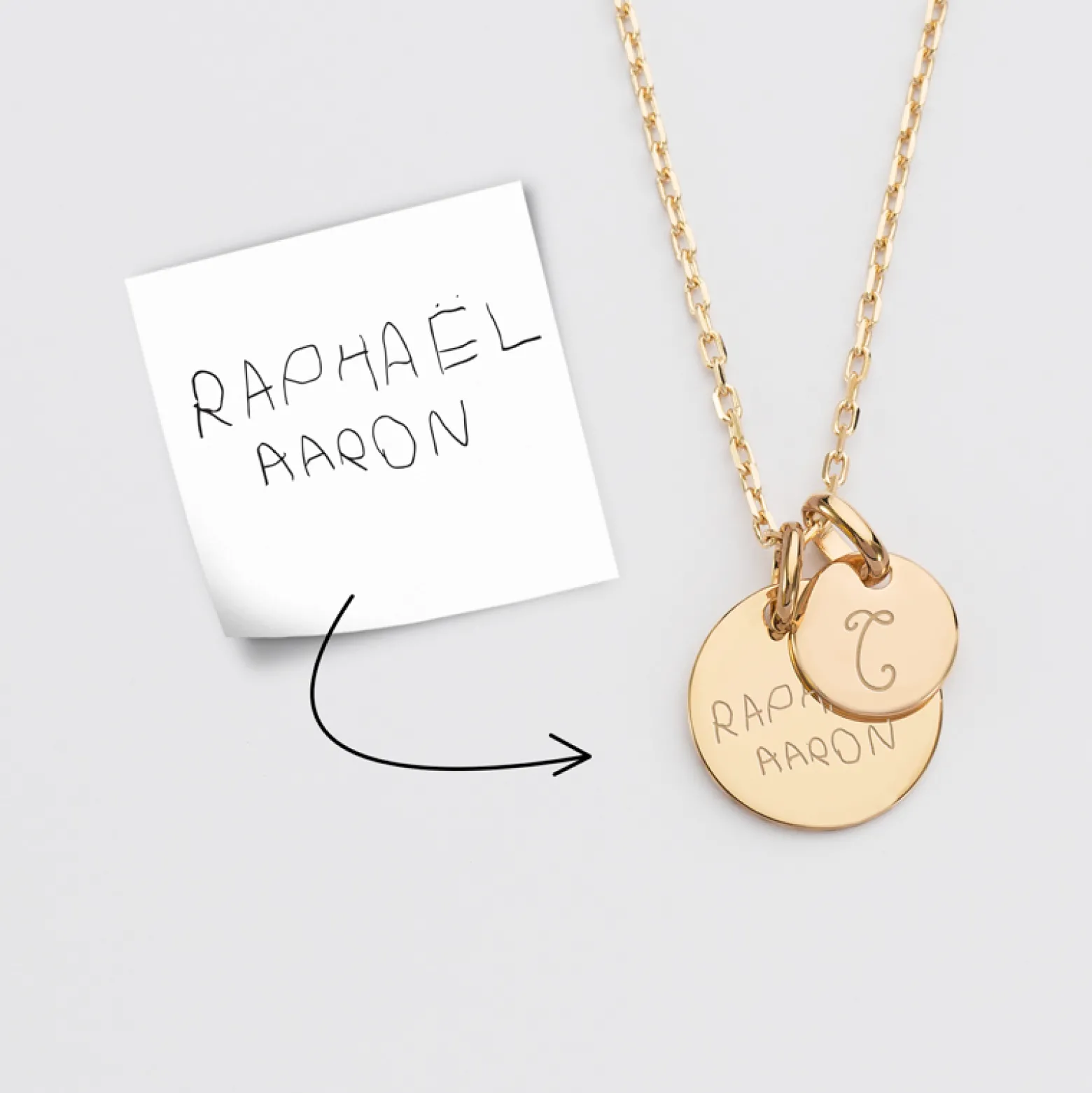 Pendentif personnalisé médaille gravée plaqué or 15 mm et breloque ronde 10 mm