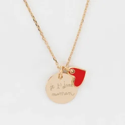 Pendentif personnalisé médaille gravée plaqué or 15 mm et breloque coeur email 10 mm