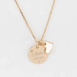 Pendentif personnalisé médaille gravée plaqué or 15 mm et breloque coeur email 10 mm