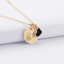 Pendentif personnalisé médaille gravée plaqué or 15 mm et breloque coeur email 10 mm