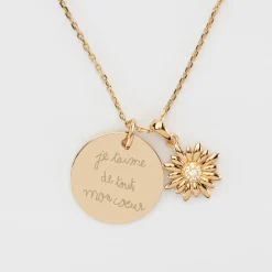 Pendentif personnalisé médaille gravée plaqué or 19 mm et breloque marguerite scintillante 13 mm