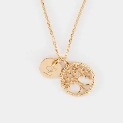Pendentif personnalisé médaille gravée plaqué or 10 mm et breloque arbre de vie contour torsadé 16 mm